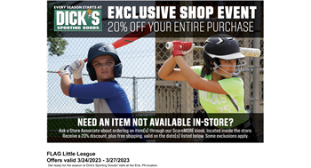 FLAG 20% off weekend March 24 -27 at Dick’s Sporting Goods